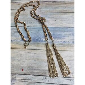 White House Black Market Lariat Style Necklace Tassel Leather Gold Tone Chain